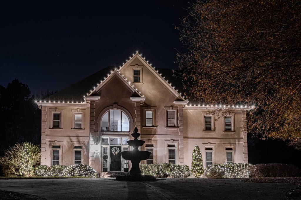 Roofline Christmas lights on a large home