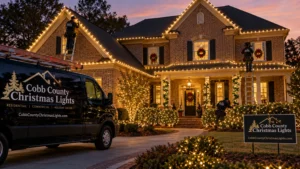 Warm white Christmas lights being professionally installed on a two-story brick home