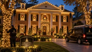 Elegant warm white Christmas lights on a colonial-style home with wreaths and wrapped trees