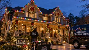 Colorful Christmas roofline lights on a craftsman-style home with holiday wreaths and garland