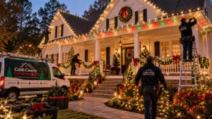 Farmhouse decorated with warm white, red, and green Christmas lights, garland, and wreaths