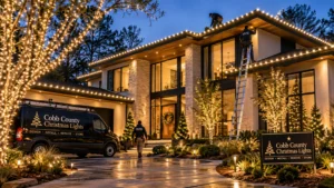 Minimal warm white roofline and landscape Christmas lights on a modern home