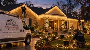 Warm white icicle Christmas lights and landscape lighting on a ranch-style home